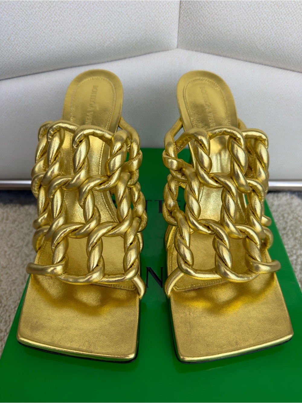 Bottega Veneta Metallic Gold Chain-Link Leather Mules